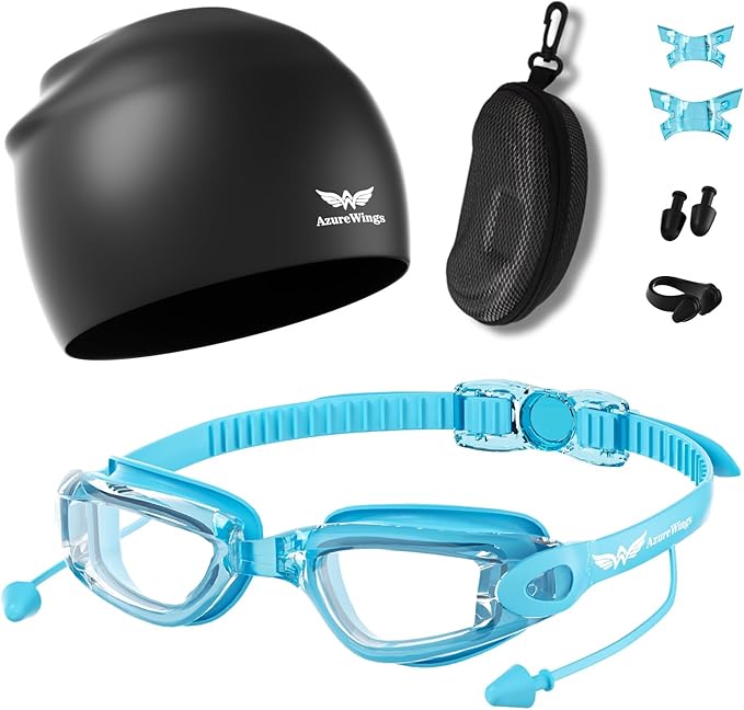 7 in 1 Swim Goggles + Swim Cap for Men Women,No Leak Anti-Fog & UV, Wide Visio HD Mirror PC Lens