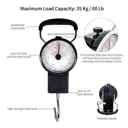 Manual Luggage Scale, Mechanical Luggage Scale with Tape Measure, Up to 80 Pounds/35kg (Black)