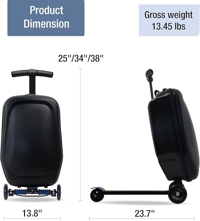 2-in-1 Ride-On Scooter Suitcase for Kids & Adults, 20” Foldable Hardshell Carry-On Luggage for Travel, Lightweight Kids Scooter Bag with Wheels