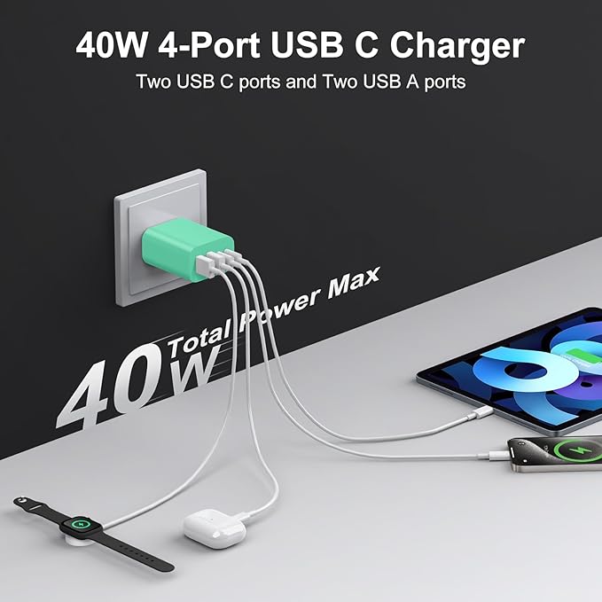 USB C Charger Block, 3-Pack 40W Wall Plug Fast Charging Block, 4-Port PD + QC Power Adapter Type C Charging Blocks Cube, Compatible with iPhone 17/16/15/14/13/12/11/Pro Max, Tablets（Green）