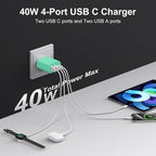USB C Charger Block, 3-Pack 40W Wall Plug Fast Charging Block, 4-Port PD + QC Power Adapter Type C Charging Blocks Cube, Compatible with iPhone 17/16/15/14/13/12/11/Pro Max, Tablets（Green）