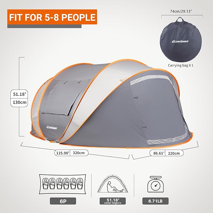 EchoSmile Pop Up Camping Tent, 2/4/6 Person Easy Setup Tent, Water Resistant Dome, Portable with Carry Bag
