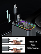 Retractable Car Charger USB C,145W Type C Car Charger Fast Charging with Dual Retractable USB C Cable and USB Ports for iPhone 17/16/15,S25/24/23/22, Pixel 9/8/7（Build-in Dual Type C Cable）