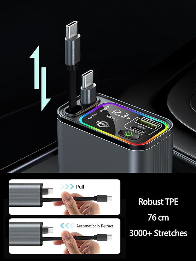 Retractable Car Charger USB C,145W Type C Car Charger Fast Charging with Dual Retractable USB C Cable and USB Ports for iPhone 17/16/15,S25/24/23/22, Pixel 9/8/7(Build-in Dual Type C Cable)