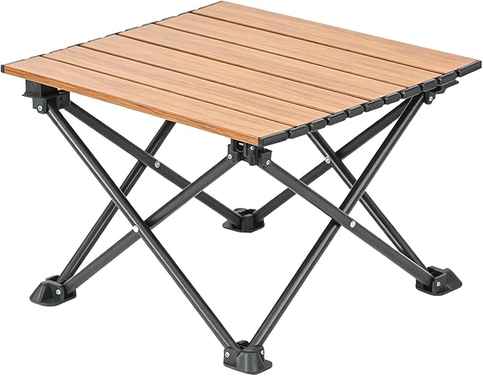 Wind Tour Roll-Up Camping Table, 4-Person Lightweight Aluminum Portable Outdoor Table with Carry Bag for Picnics BBQ Travel (15.7”x13.7”x11”| Wood Grain)