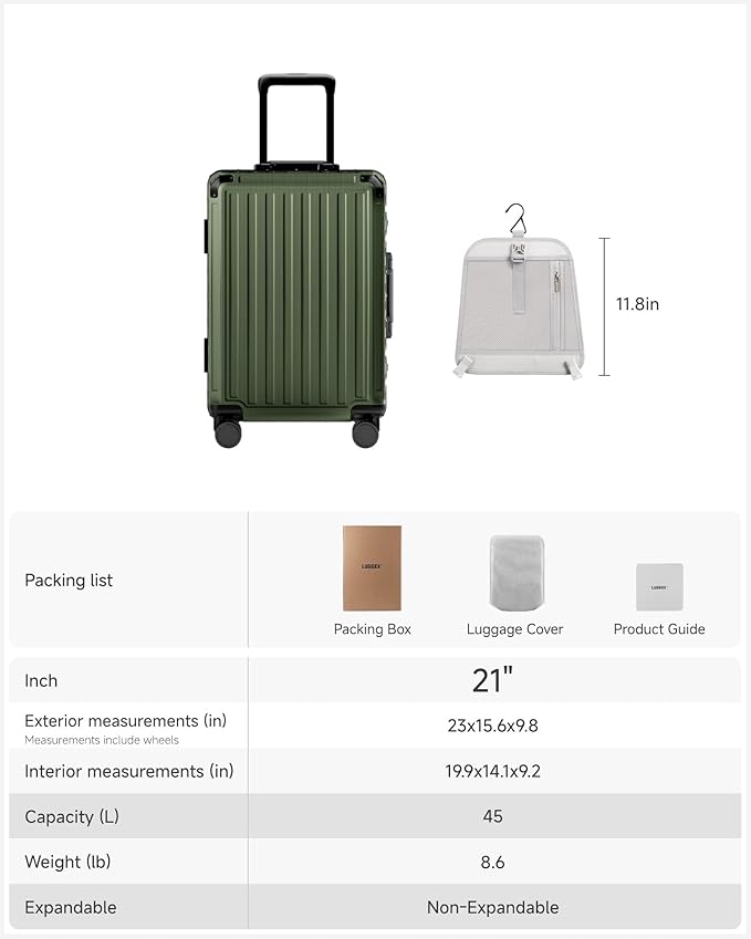 LUGGEX Carry On Luggage with Spinner Wheels, 8010S Aluminum Frame Zipperless Polycarbonate Hard Shell Suitcase with Packing Cubes and Shoe Bag (ZX-Core, Green, 21 Inch)