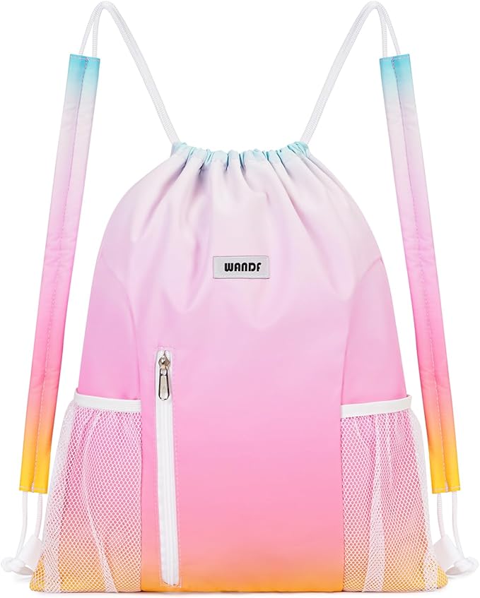 WANDF Drawstring Backpack with Shoulder Pad Sports Gym Backpack with Mesh Pocket String Bag for Women Men((Rainbow)