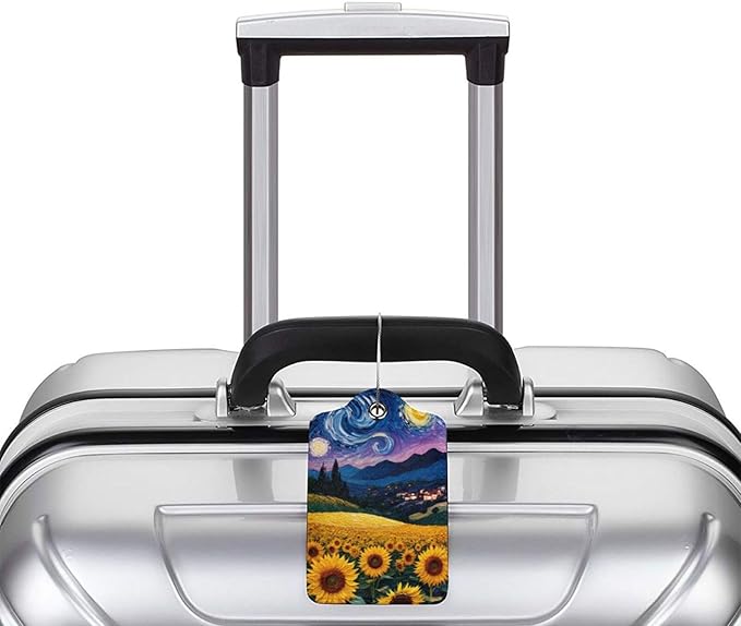 2 Pack Luggage Tags for Suitcases, PU Leather Bag Tag with Privacy Cover Address Card Travel Essentials-Starry Sky Sunflower