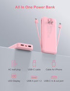 Portable Charger with Wall Plug, 10000mAh USB C Power Bank Fast Charging, External Battery Pack with Built in Cables, Digital Display, 5 Output 4 Input for iPhone Android Cell Phone Tablet