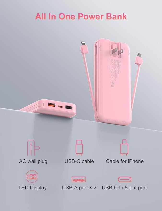 Portable Charger with Wall Plug, 10000mAh USB C Power Bank Fast Charging, External Battery Pack with Built in Cables, Digital Display, 5 Output 4 Input for iPhone Android Cell Phone Tablet
