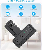 Surge Protector Outlet Extender with Rotating Plug, 6 AC Multi Plug Outlet with 3 USB Ports (2 USB C), 1800J Wall Charger Swivel Power Adapter with Spaced Outlet Splitter for Home Office Dorm, Black