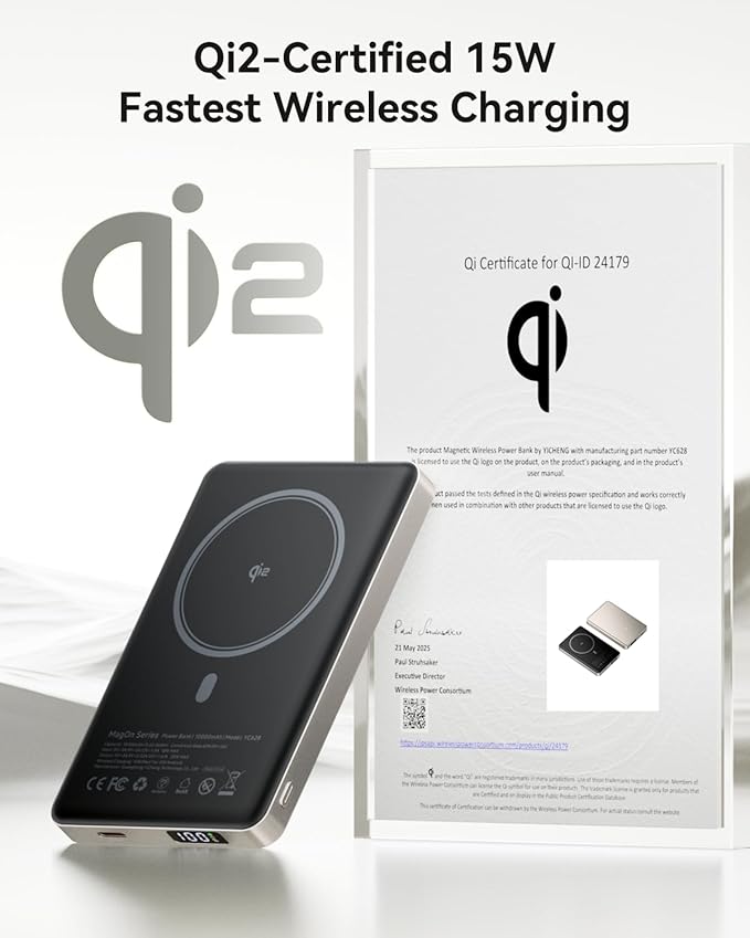 Kuulaa 0.5" Magsafe Portable Charger, 10000mAh Magnetic Power Bank & Slim Battery Pack - Qi2 Certified 15W Wireless Charging with 20W USB-C PD for iPhone 17/16/15/14/13/12 Pro/Air Series