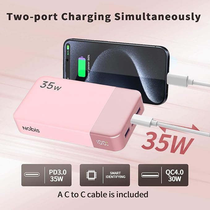 NOBIS Portable Charger, 20000mAh Power Bank, 35W Power Bank Fast Charging, Battery Pack with C to C Cable, Battery Bank with Digital Display for Phone Android etc (Pink)
