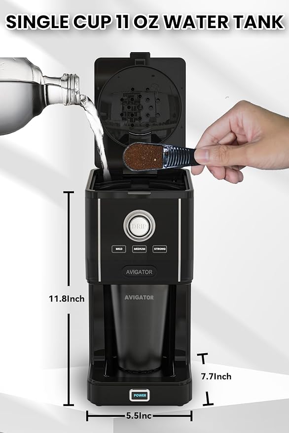 Single Serve Coffee Maker with 11oz. Travel Coffee Mug Stainless Steel, Brew Strenth Adjustable, Permanent Filter, Black