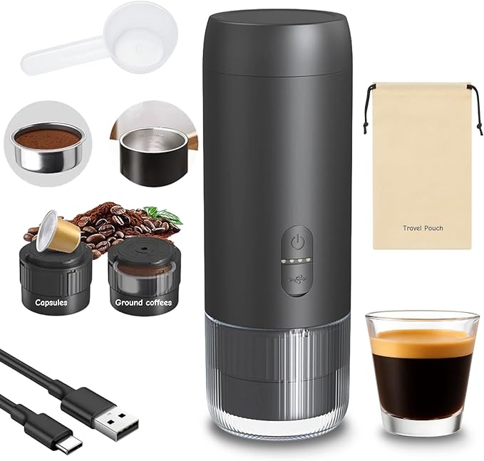 Portable Espresso Maker, 20 Bar, Travel Coffee Maker with USB Charging, Compatible with Ground Coffee & Capsules (NS), Waterproof, for Camping, Hiking, RV, Car, Office