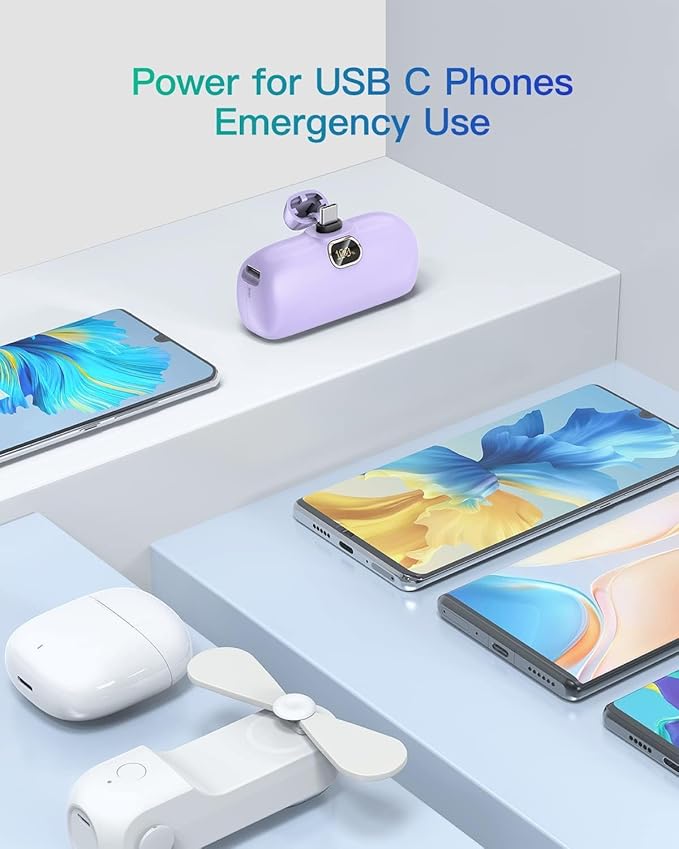 Kuulaa Portable Charger USB C with Built-in USB-C Plug, 5000mAh PD20W Fast Charging Power Bank, LCD Digital Display Battery Pack for iPhone 15/16/17,Samsung S22/S23 & Android (Purple)