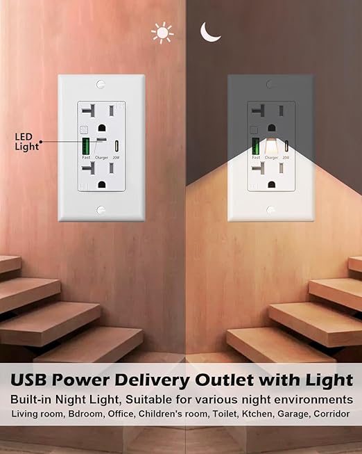 PD USB Outlet with Light,20W Power Delivery USB Receptacle with Night Light, 20A Tamper-Resistant Wall Outlet, Fast Charging Type A & USB-C Charger for Smartphones, Laptops, Tablets (1, White)