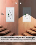 PD USB Outlet with Light,20W Power Delivery USB Receptacle with Night Light, 20A Tamper-Resistant Wall Outlet, Fast Charging Type A & USB-C Charger for Smartphones, Laptops, Tablets (1, White)