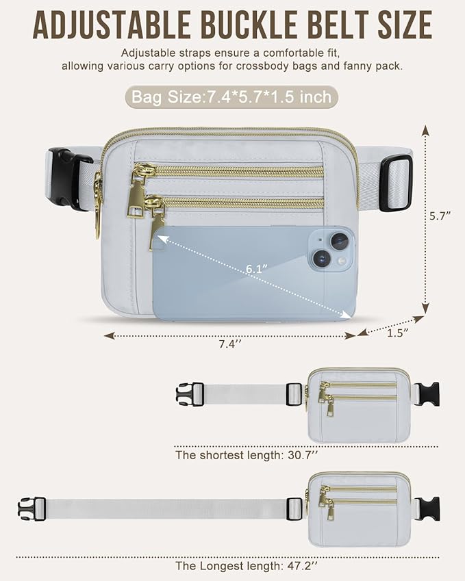 Capolo Fanny Packs for Women Fashion Waist Packs Bag with Adjustable Strap and 4 Zipper Pockets Waterproof Everywhere Crossbody Belt Bag for Workout Running Travelling(Light Grey)