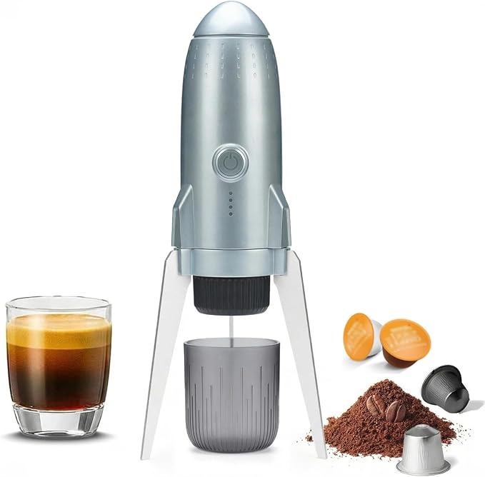Portable Electric Espresso Machine Travel Coffee Maker for Camping 3 in 1 Self-Heating for Ground Coffee & DG NS Capsule Pods For Travel Camping and Hiking (Space Grey)