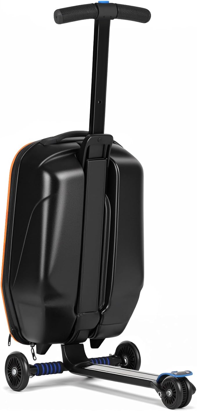 Scooter Luggage For Kids & Adults， Hardside Ride On Suitcase For Kids Ages 4-15 Multifunctional Lightweight Foldable Carry On Luggage With Wheels Ride On For Children Teenagers（Orange）