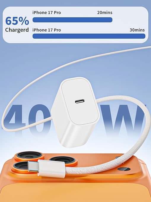 iPhone 17 16 Fast Charger,40W 3Pack iPhone 17 Charger Fast Charging Block USB C Chargers with Braided USB C to C Cable for iPhone Air/17/17 Pro/17 Pro Max/16 Pro Max/16 Plus/16e/15/15 Pro Max,iPad Air