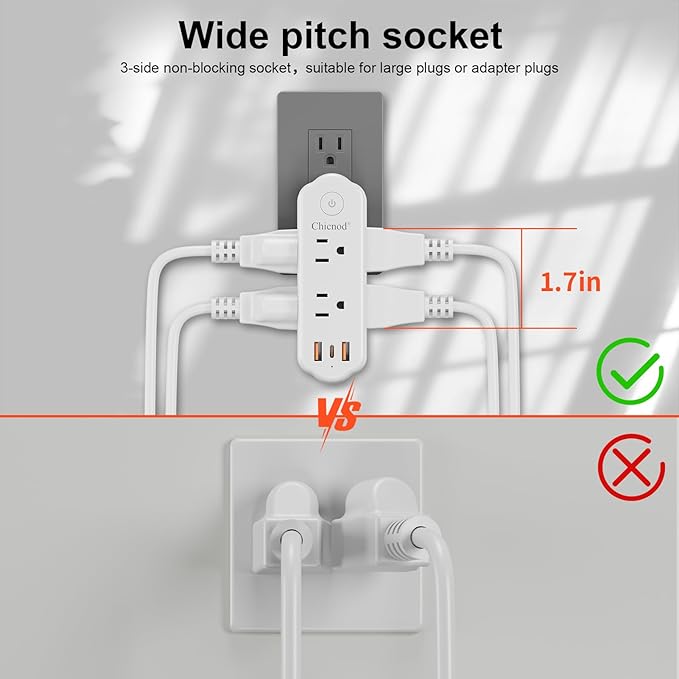 Outlet Extender Surge Protector, 360° Rotating Plug Power Strip with 6 AC Outlets, 3-Sided Space Saving Design, 3 Ports (2 USB-A + 1 USB-C) Multi Plug Expander On/Off Switch for Home, Office, Travel
