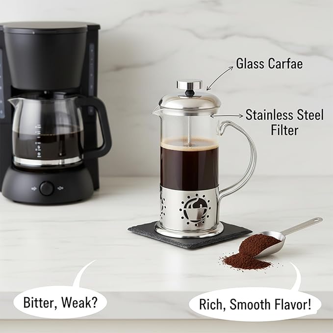 BNYD Single Serve French Press Coffee Maker – 12 oz Mini Stainless Steel & Glass Brewer for 1 Cup, Portable & Affordable Manual Coffee Press with Fine Mesh Filter for Home, Travel, or Camping