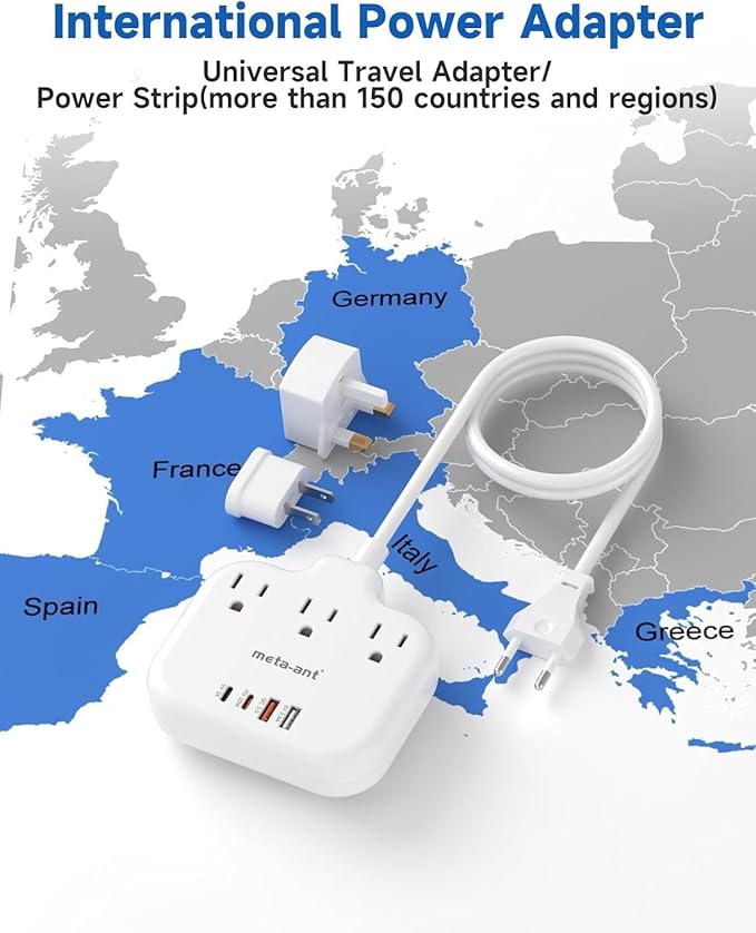 PD30W European Travel Plug Adapter, International Power Adapter with 3 Outlets 2 USB-C and 2 USB-A Fast Charger, Universal Travel Adapter with 3ft Extension Cord for EU US UK Europe France Spain