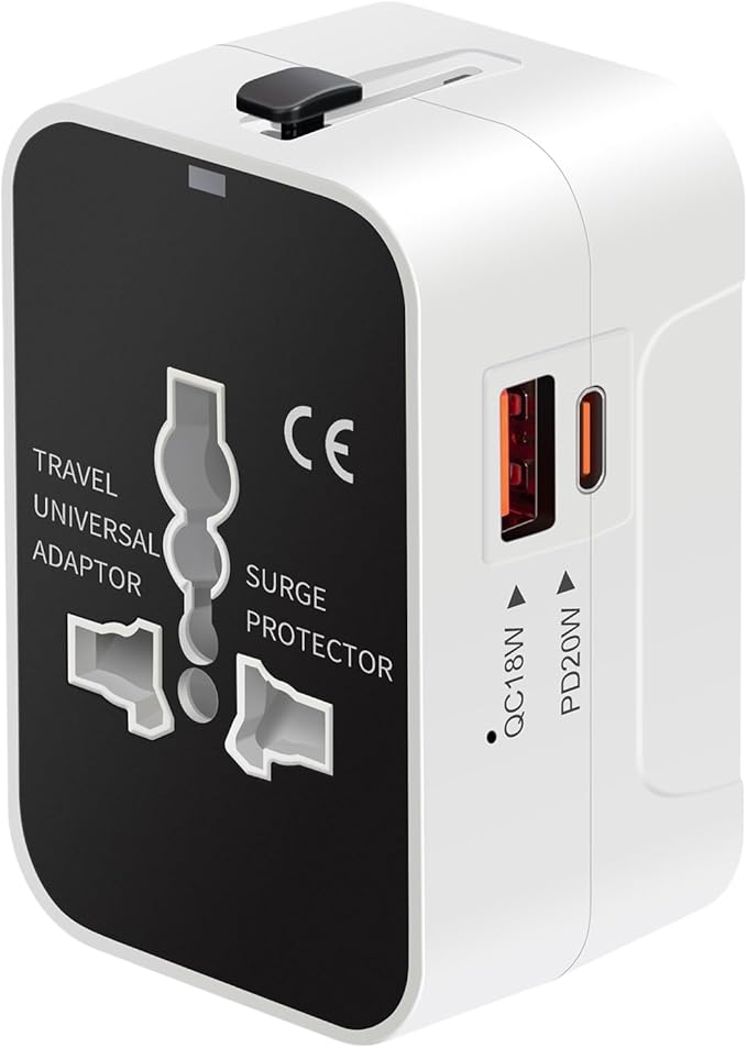 International Universal All in One Worldwide Travel Adapter Fast Charger with PD 3.0 Type C & USB-A Quick Charging Wall Charger AC Power Plug Adapter for USA EU UK AUS European Cell Phone Laptop
