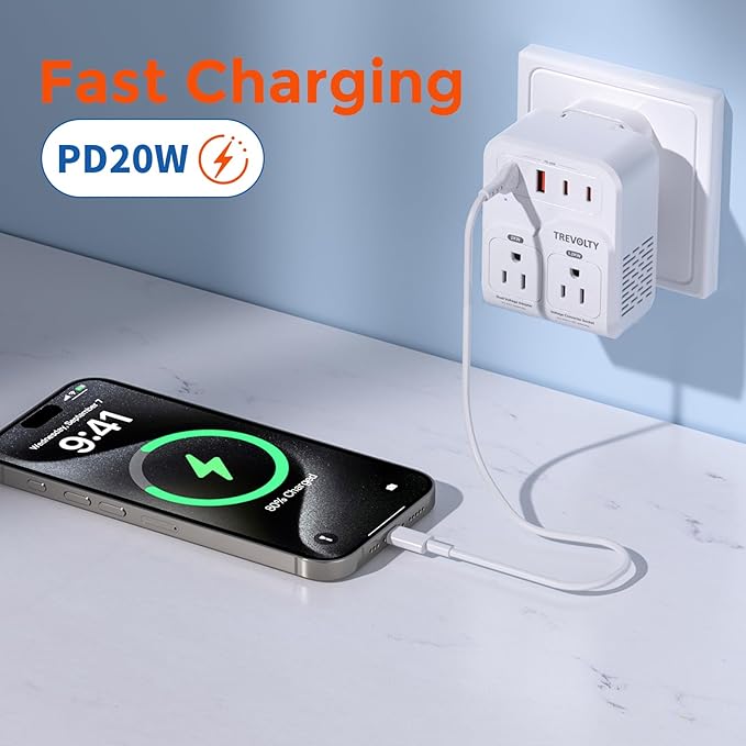 2000W Voltage Converter US to Europe for Hair Dryers, 7-in-1 220V to 110V Converter for European Travel with 3 AC/2 USBA/2 USBC Ports (PD20W)
