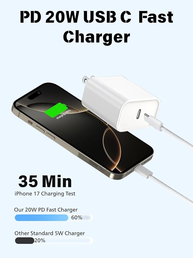 iPhone 17 Pro Max Charger Fast Charging,3Pack 20W Apple USB C Charger Block Comes with 10FT USBC to USBC Woven Cable Compatible with iPhone 17/Air/17Pro/16 ProMax/16e/15 Plus,iPad Pro/Air/Mini,AirPods