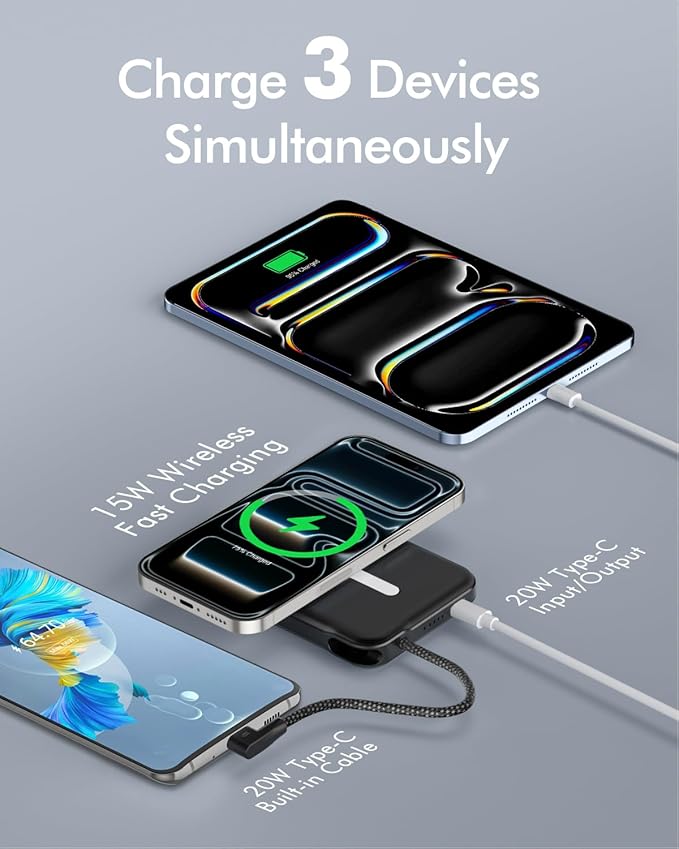 for Magsafe Power Bank, 5000mAh Magnetic Portable Charger with Built-in USB-C Cable, Wireless Battery Pack with 20W PD Fast Charging for iPhone 17/16/15/14/13/12 All Series-Black