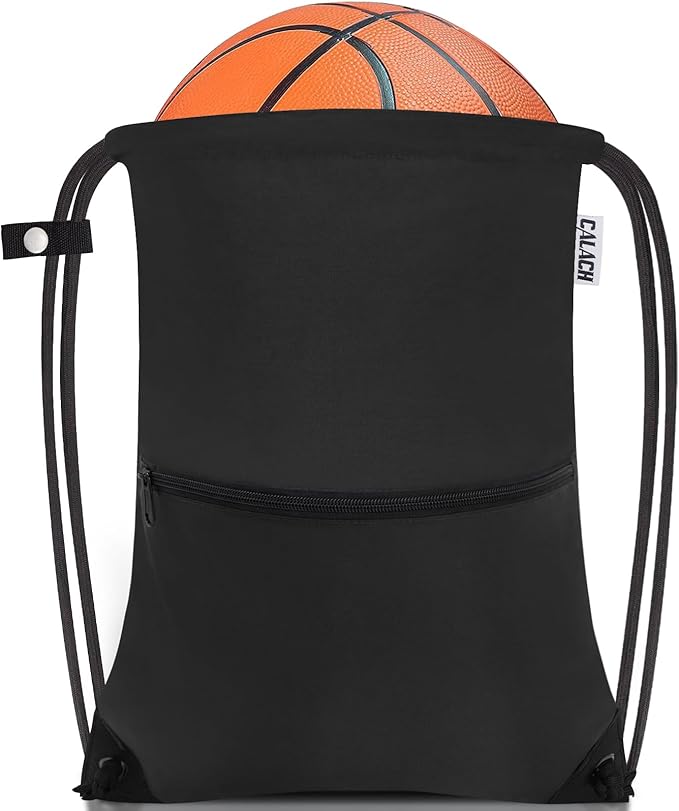 draw string back bag, Large Gym Sports string backpack for men and women with front zipper pocket and inside zipper pocket to keep key or phone(black)