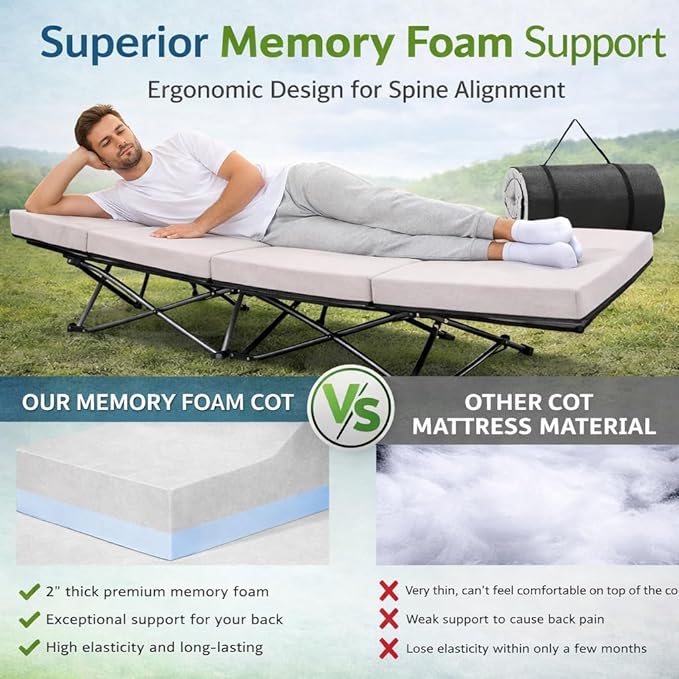 ABORON Camping Cot with 2in Memory Foam Mattress, 900LBS Heavy Duty Sleeping Cot for Adults, Extra Wide Sleeping Cot, 1200D Double Layer Oxford Cot for Camping, Guest, Office Nap