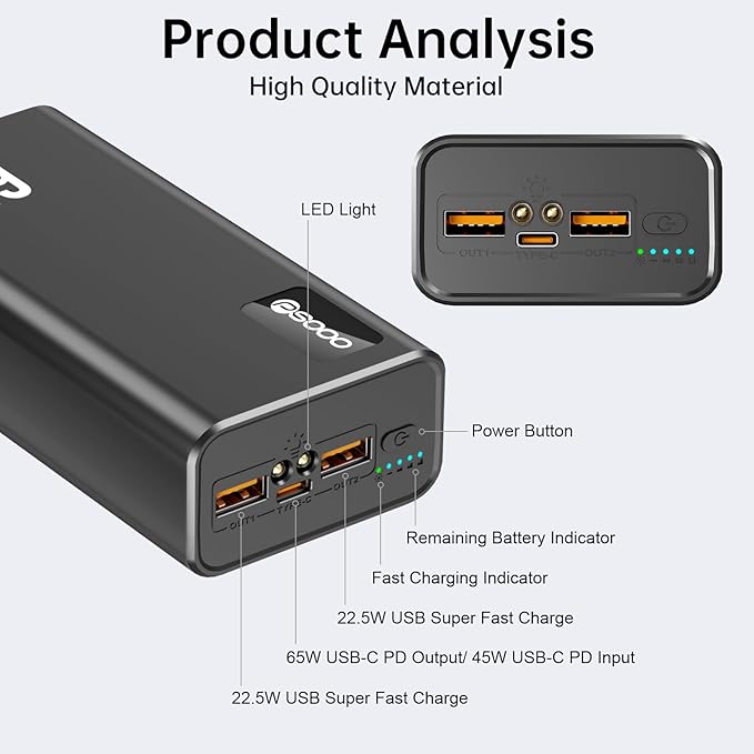 PSOOO Portable Charger 27000mAh 65W PD Fast Charging Power Bank, 3-Port External Battery Pack with LED Flashlight, Compatible with iPhone, Samsung, MacBook, Tablet, Travel & Outdoor Use (Black)