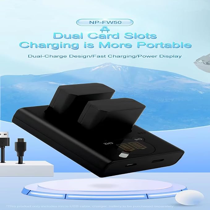 DL-FW50 Fast Dual Charger Quick Charge Portable Power Bank for A5100/A6100/A7s2/ZV-E10, NP-FW50/FZ100/FM500H Battery LCD Display