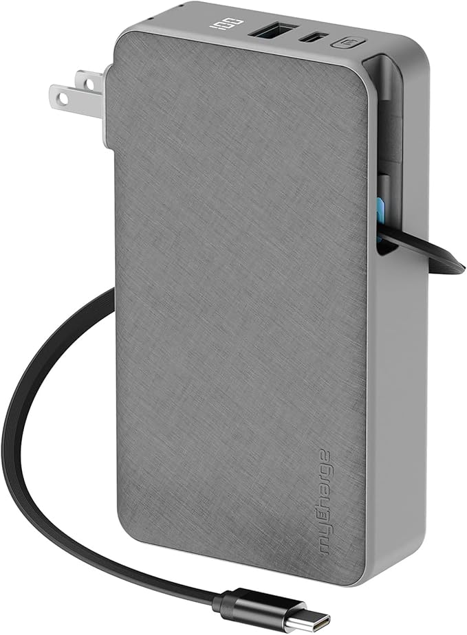 myCharge RetractaCharger 10000mAh Portable Charger Power Bank with 28-Inch Retractable USB-C Cable | Built-in Wall Plug | 30W PD Fast Charging | USB-C & A Ports | Digital Display | Grey