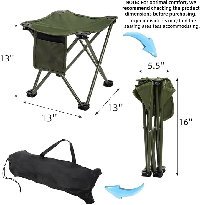 Cididu 2 Pack Camping Stool, Compact Camping Chair Portable, 13 Inch Lightweight Folding Stool Seat with Side Pocket and Carry Bag for Outdoor Hiking Fishing Picnic Beach and Lawn Party, Green