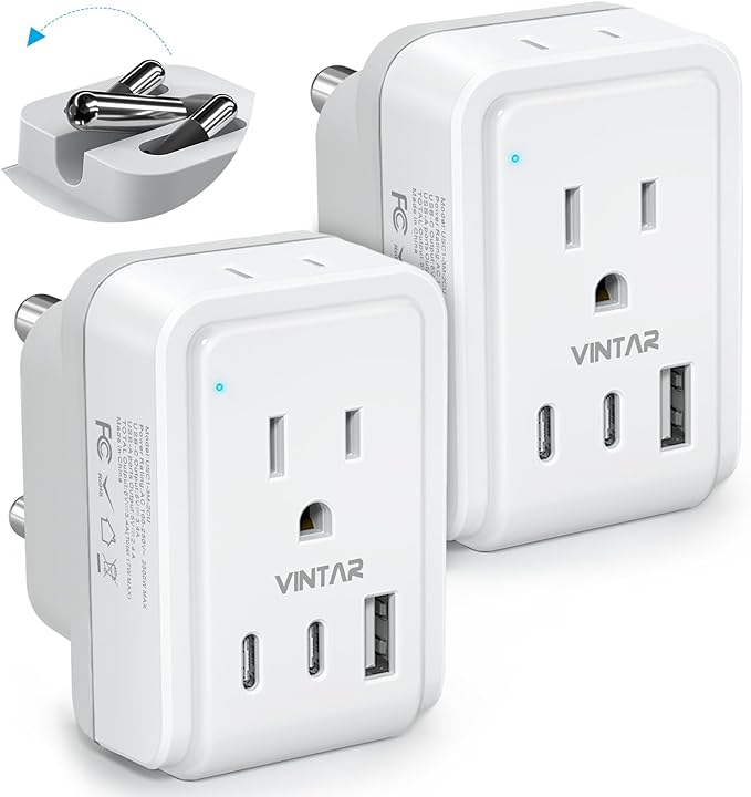 VINTAR Foldable Type M Adapter for South Africa - 2 Pack with AC Outlets & 3 USB Ports, Travel Essentials for US, Namibia, Nepal, Malaysia