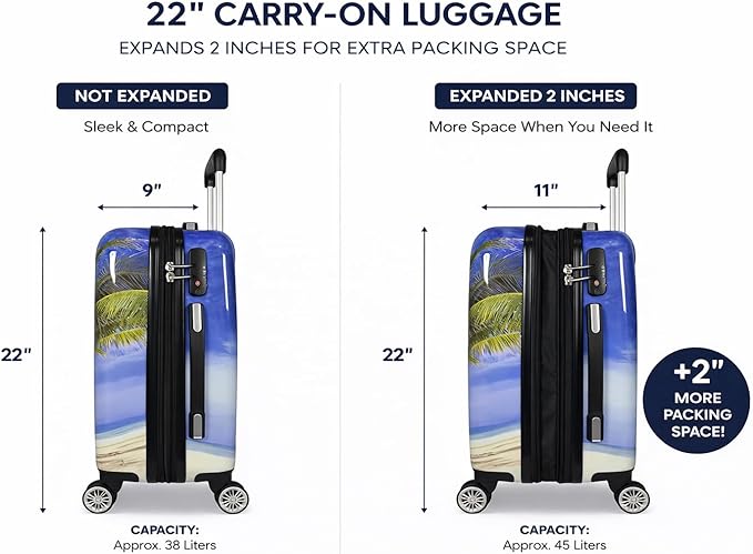 World Traveler VentureX Airline Approved 2-Piece Carry-On Luggage Set – Lightweight Hardside Polycarbonate Suitcase with Spinner Wheels - Palm Tree