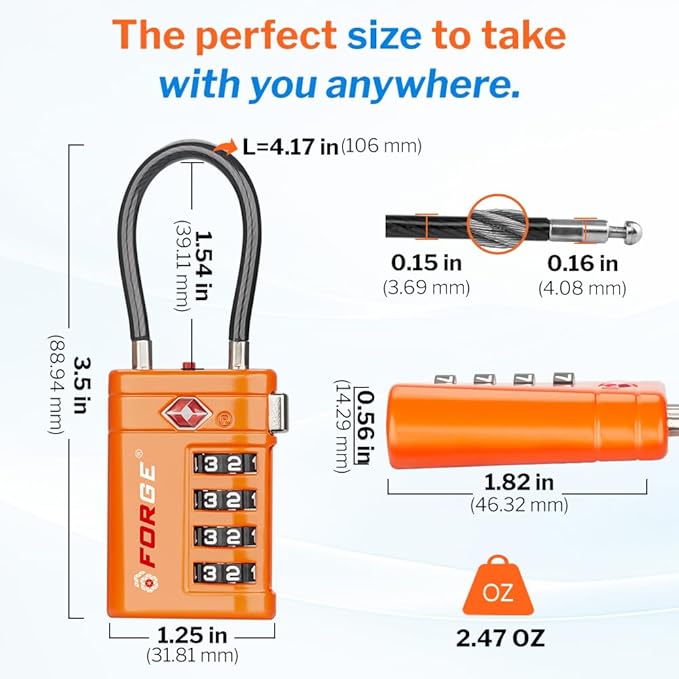 Forge TSA Approved Luggage Locks 4 Digit Combination TSA Travel Locks with TSA008, Open Alert Indicator, Zinc Alloy Body for Luggage, Suitcase, Backpack, and More. Orange 2 Locks.