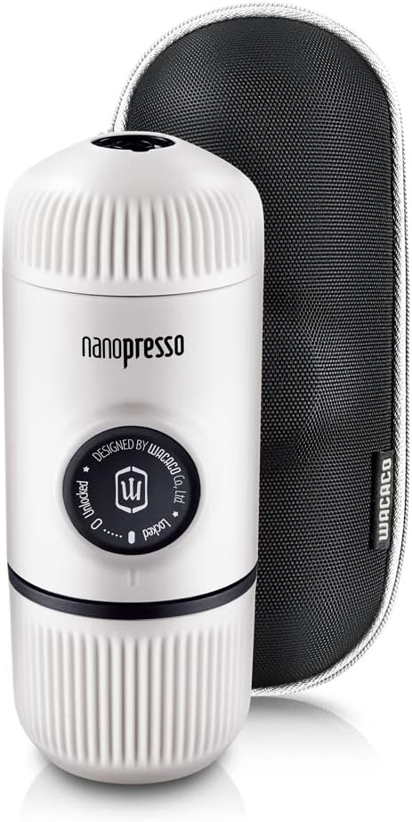 WACACO Nanopresso Portable Espresso Maker Bundled with Protective Case, Upgrade Version of Minipresso, Mini Travel Coffee Machine, Perfect for Camping, Travel and Office (New Elements Chill White)
