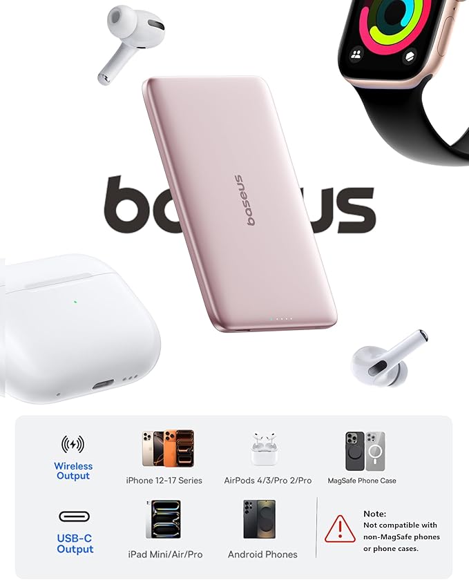 Baseus Picogo Power Bank, 0.3" Ultra Slim 5000mAh MagSafe Portable Charger, Card-Size Magnetic Battery Pack with USB-C Braided Cable, Alloy Wireless Charger for iPhone 17 Pro Max/17 Air/16/15/14/13/12