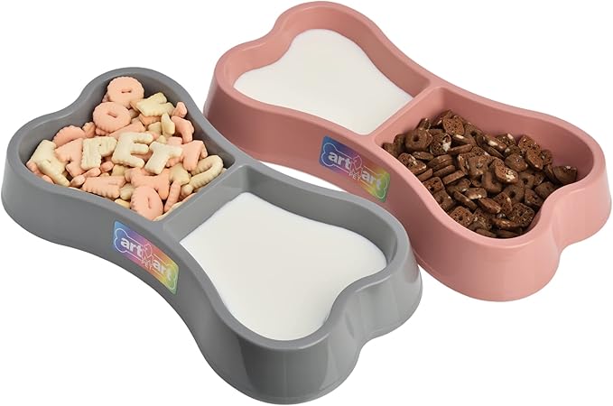 Set of 2 Lightweight Small Dog Puppy Cat Food and Water Bowls 6 oz Double Pink Plastic Portable Outdoor Travel Dish (Pink and Gray Set)
