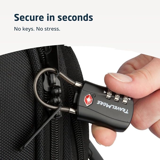 2 Pack TSA Approved Travel Combination Cable Luggage Locks for Suitcases & Backpacks - Black