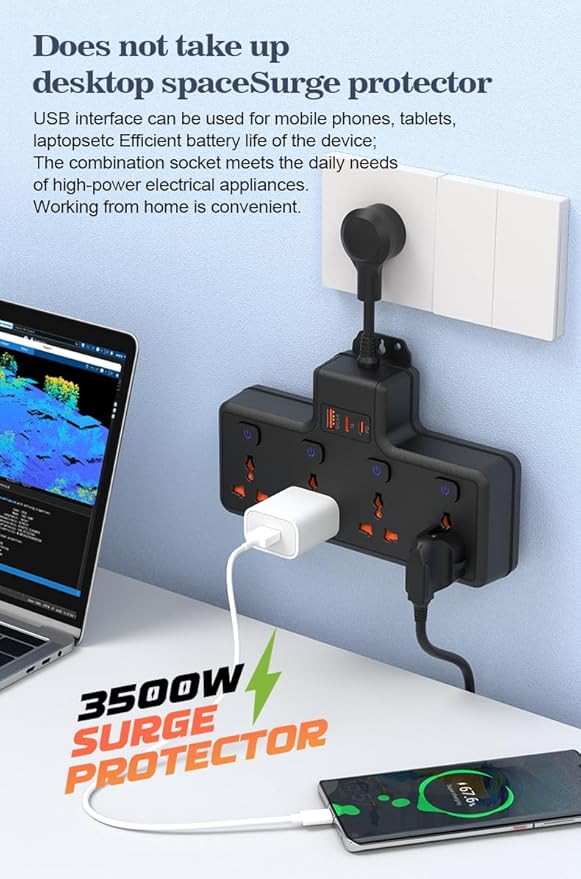 Wall Mount Power Strip with 4 AC Outlets & USB-C (20W) and USB Ports, Plug Extender with Individual Switches, Space Saving Multi Plug Outlet for Home, Office, Dorm & Travel, White