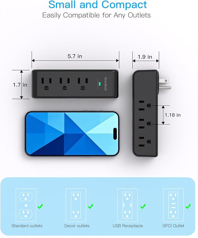 Surge Protector Outlet Extender, 9 AC Multi Outlet Wall Plug with Rotating Plug, 1800J Wall Charger, 3-Sided Power Strip Electrical Plug Adapter Outlet Splitter for Home Office Dorm, Black