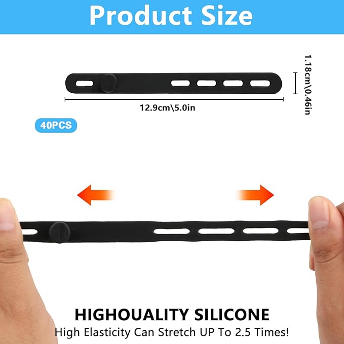 40 Pcs Black Silicone Cable Ties, Reusable Cable Straps Wire Organizer, Cable Management Cord Organizer for Fastening Earphone Phone Charger Home Office Desk Kitchen Appliances Cable Cords Wires