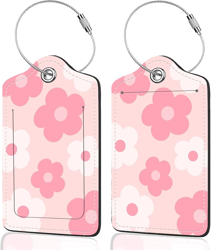 2Pack Luggage Tags for Suitcases, Cute Unique Pu Leather Cruise Luggage Tag with Privacy Cover ID Label Address Card and Metal Ring Suitable for Women Men Kids Travel Bag Pink Large Flower